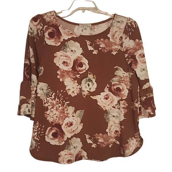 Green Envelope Tops - Green Envelope Mauve Pink Floral Bell Sleeve Blouse, 1X